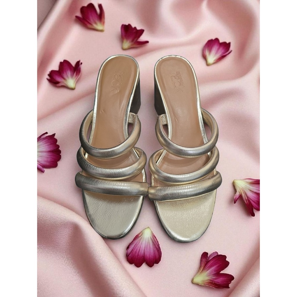 Womens Gold Multi Strap Block Heel Mules Slip On Sandals sz 6M‎